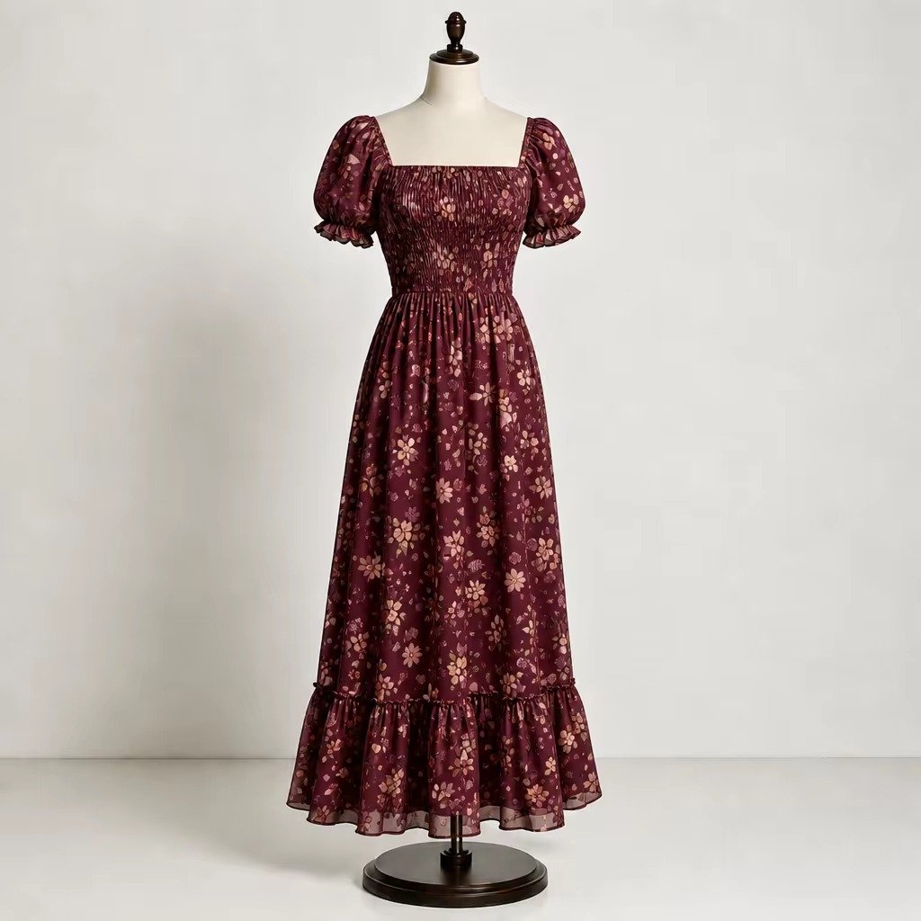Burgundy Floral Chiffon Smocked Maxi Dress Burgundy floral chiffon smocked maxi dress with square neckline and short puff sleeves