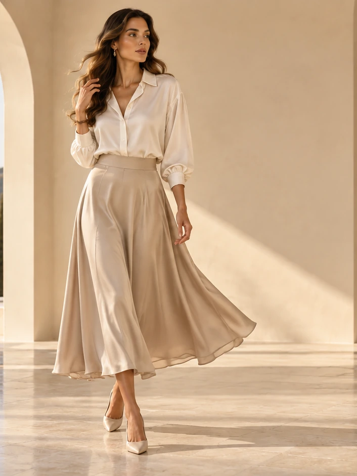 Satin A-line midi skirt worn with a tucked blouse on a model in a colonnade