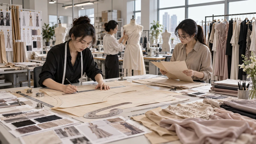 Pattern makers drafting womenswear patterns in the design studio
