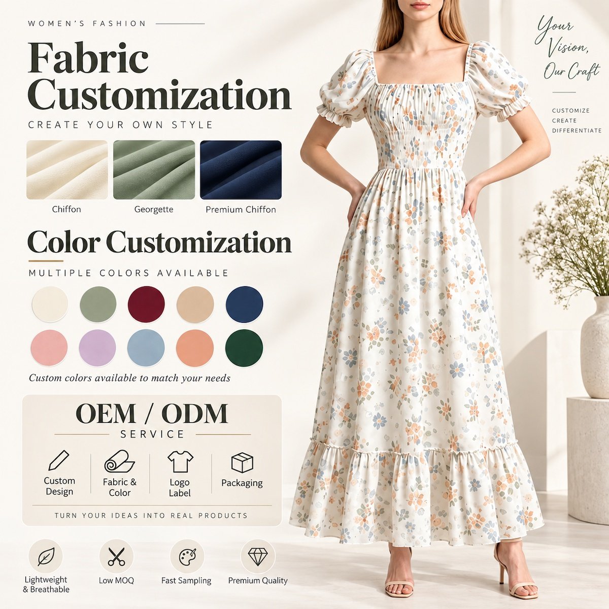 Custom Floral Chiffon Maxi Dress Options Custom floral chiffon maxi dress with fabric and colour options for OEM and ODM production