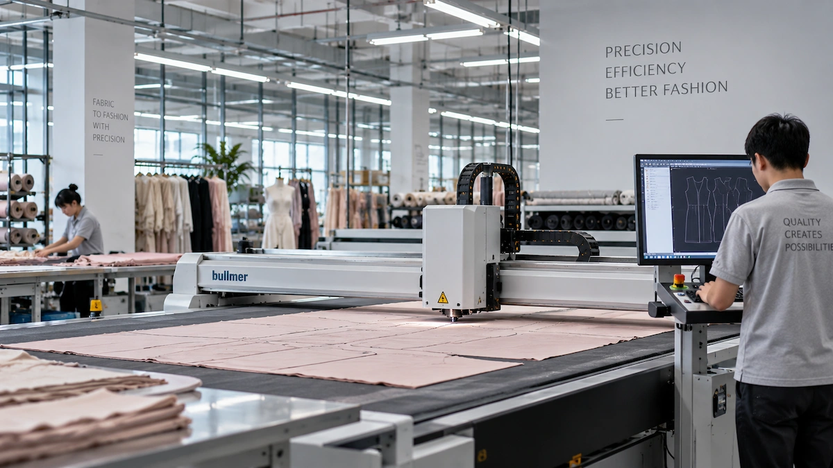 A CAD monitor beside an automated fabric cutting machine