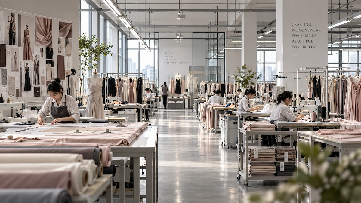 Fabric being cut on a table in a bright womenswear atelier