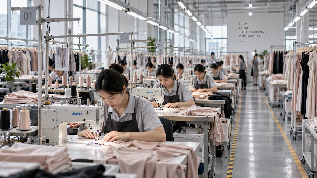 A womenswear sewing production line using Juki machines