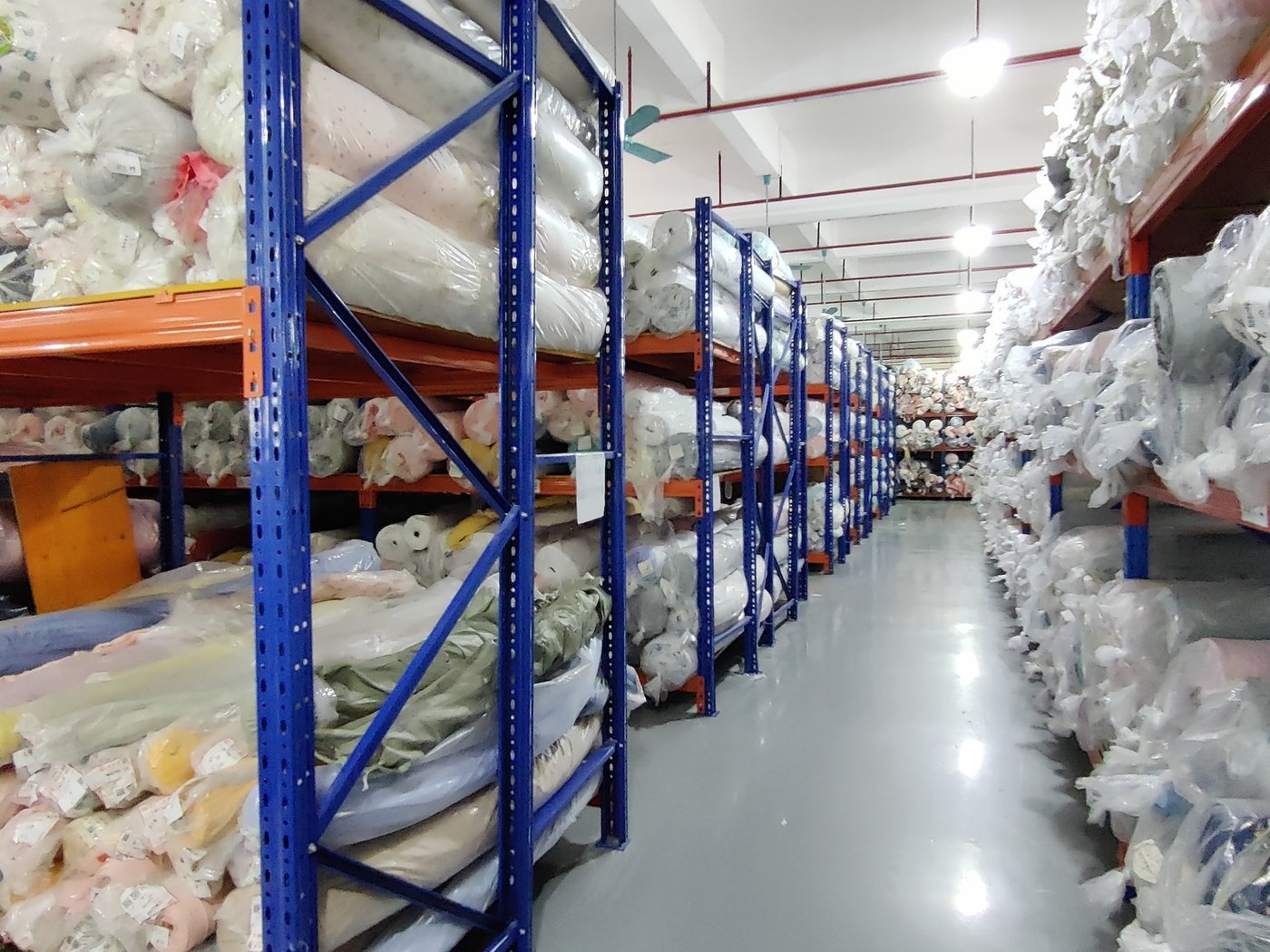 An end rack in the factory fabric warehouse