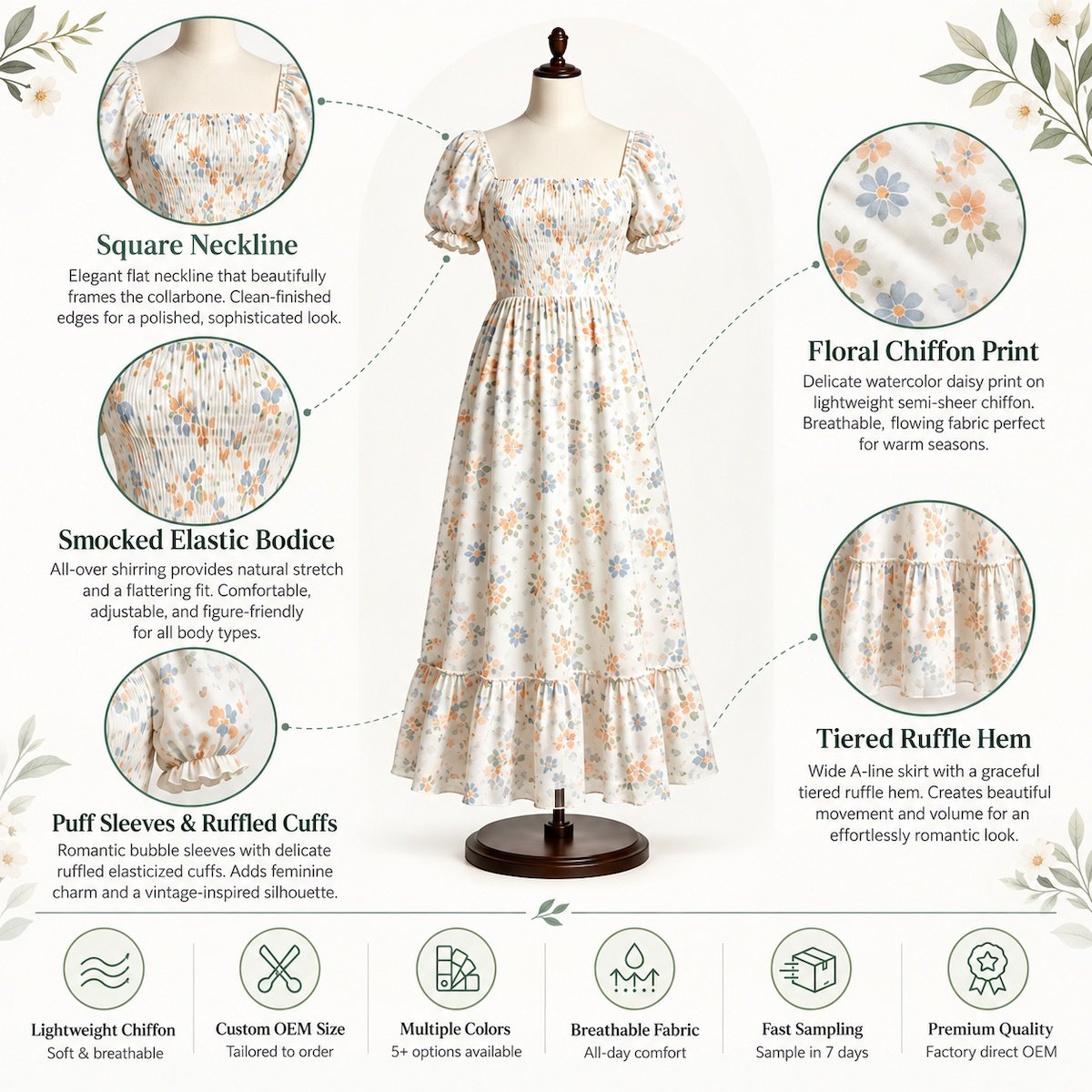 Floral chiffon maxi dress showing square neckline, smocked bodice, puff sleeves and tiered ruffle hem