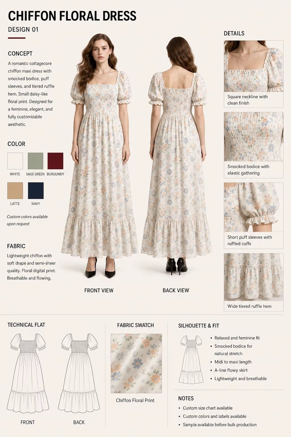 Floral chiffon maxi dress front and back views with technical flats and construction details