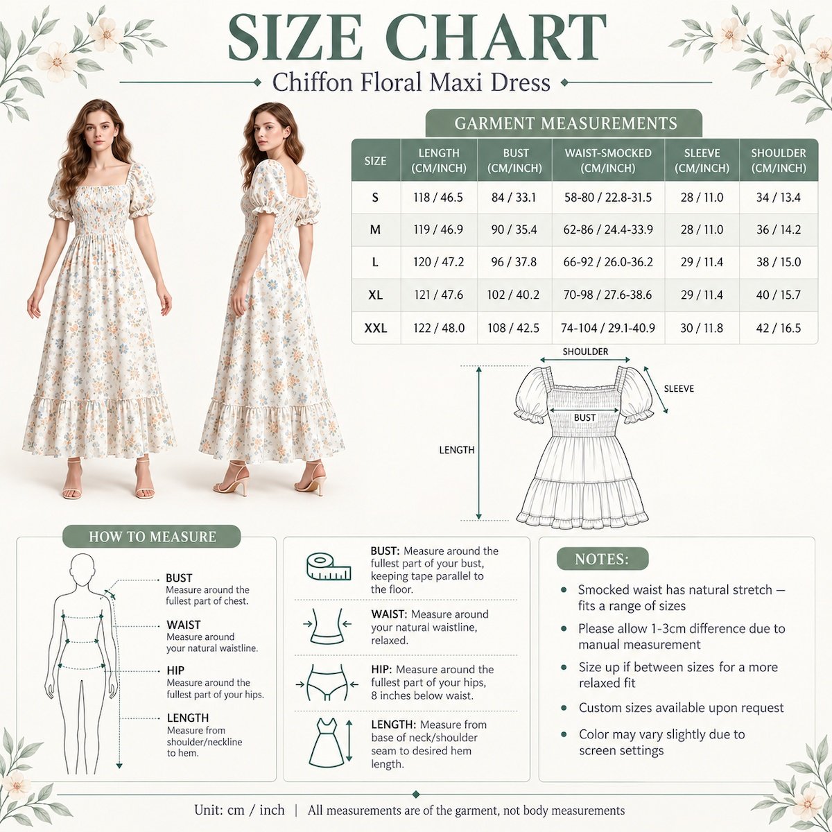 Floral chiffon maxi dress size chart with garment measurements and measuring guide