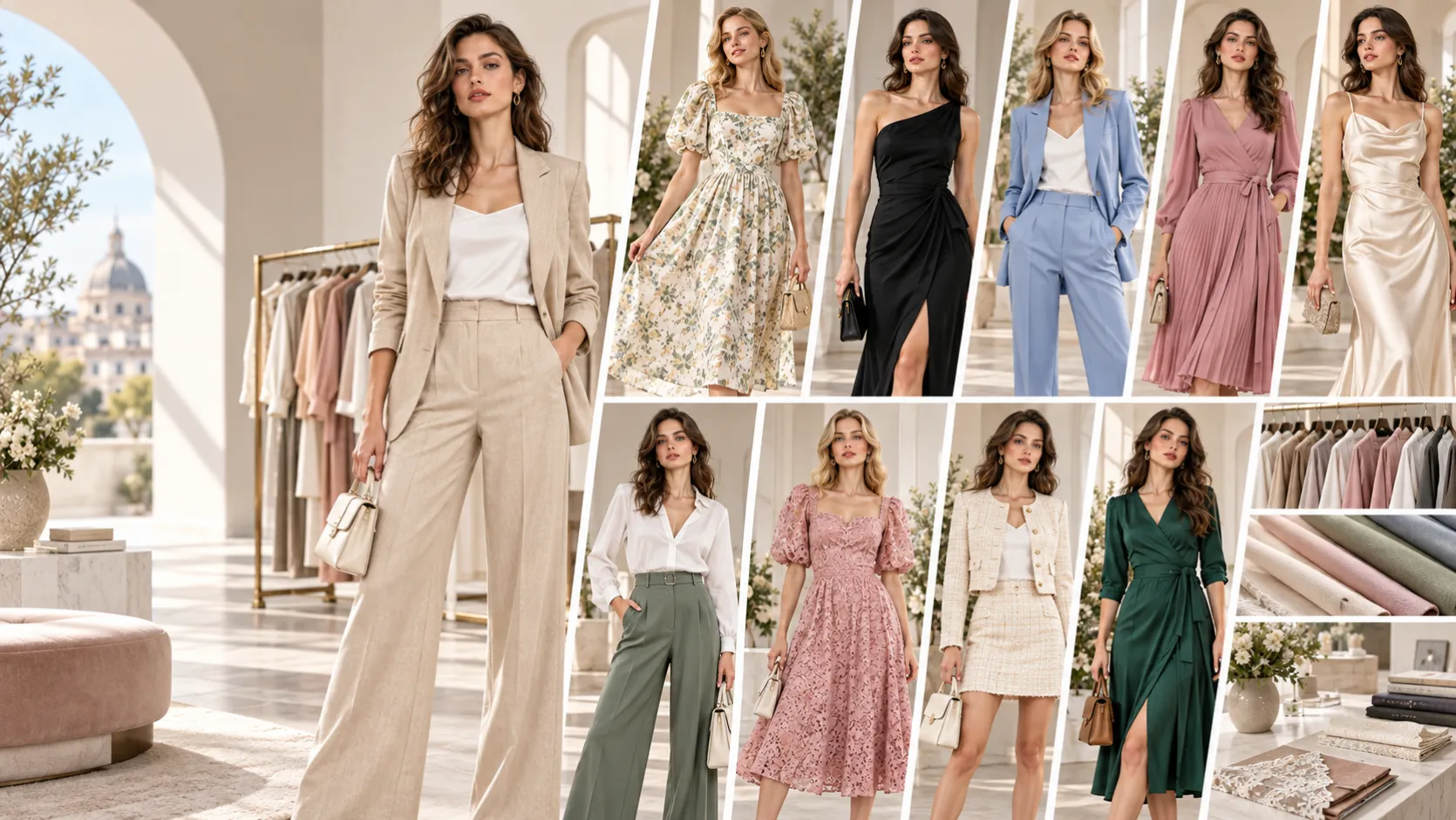 Custom womenswear manufacturing collection: a tailored linen suit on a model beside a grid of dresses, tailoring and separates