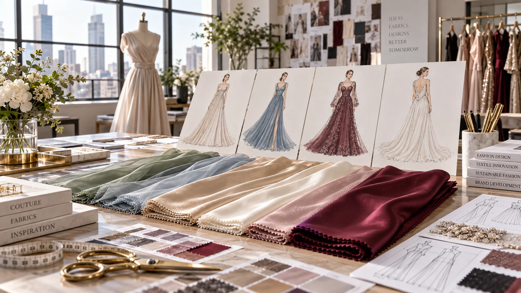 Design studio worktable with evening dress sketches, fabric swatches and a draped dress form