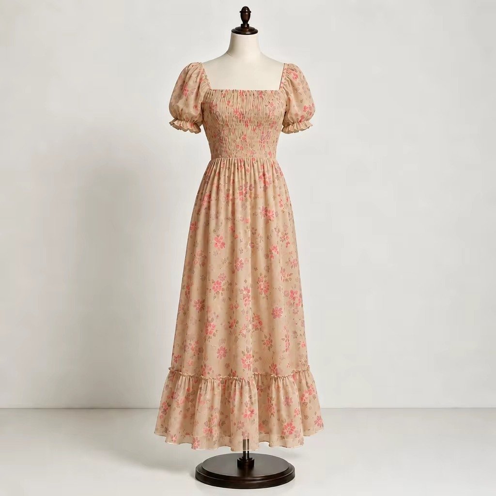 Khaki Floral Chiffon Smocked Maxi Dress Khaki floral chiffon smocked maxi dress with puff sleeves and tiered ruffle hem