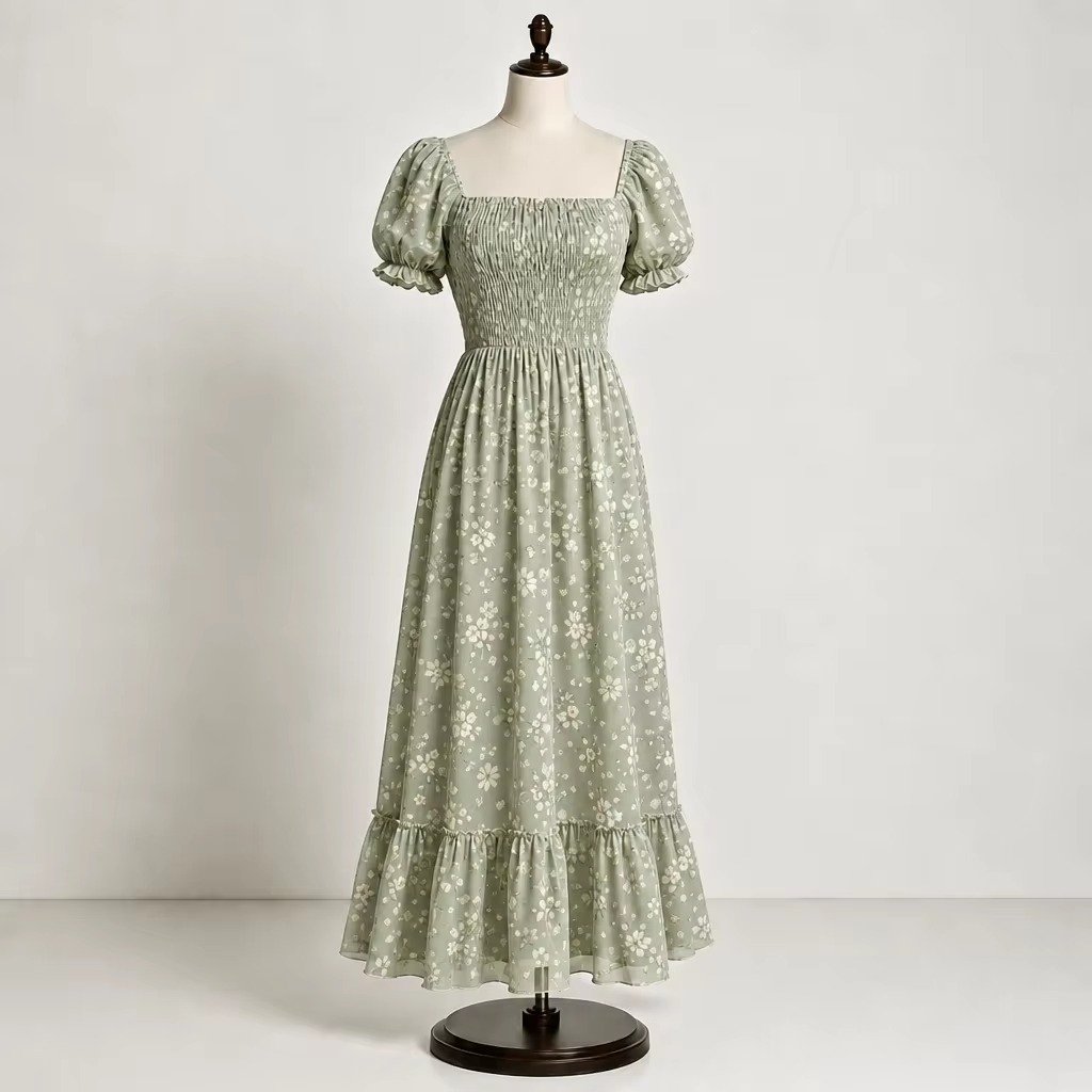 Mint Floral Chiffon Smocked Maxi Dress Mint floral chiffon smocked maxi dress with puff sleeves and flowing tiered skirt