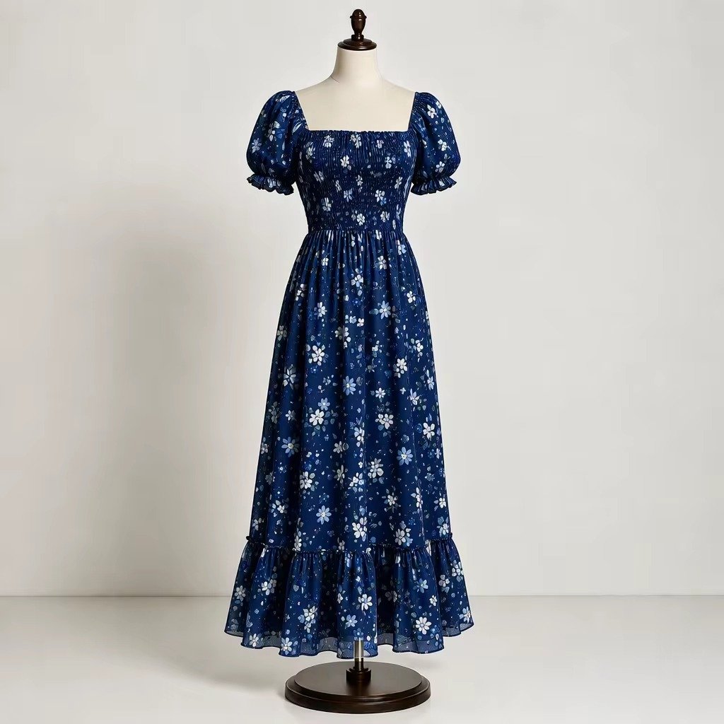Navy Floral Chiffon Smocked Maxi Dress Navy floral chiffon smocked maxi dress with square neckline, puff sleeves and tiered hem