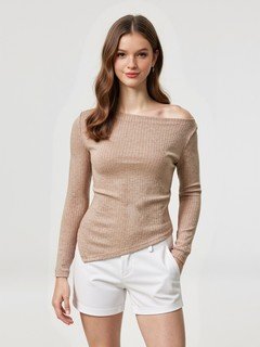 Angled front view of the beige asymmetric boat-neck ruched top, showing its silhouette and design details.