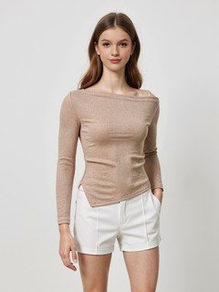 Full-length front view of the beige asymmetric boat-neck ruched top, showing its silhouette and design details.