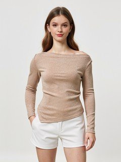 Lifestyle front view of the beige asymmetric boat-neck ruched top, showing its silhouette and design details.