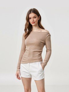Styled front view of the beige asymmetric boat-neck ruched top, showing its silhouette and design details.