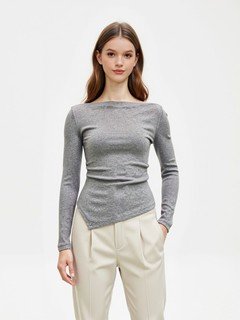 Angled front view of the gray asymmetric boat-neck ruched top, showing its silhouette and design details.