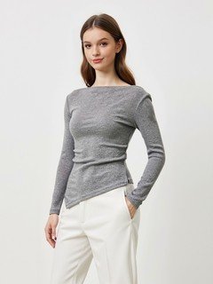 Front view of the gray asymmetric boat-neck ruched top, showing its silhouette and design details.