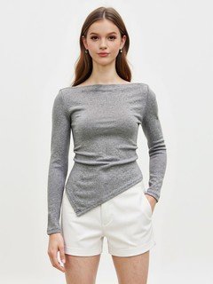 Full-length front view of the gray asymmetric boat-neck ruched top, showing its silhouette and design details.