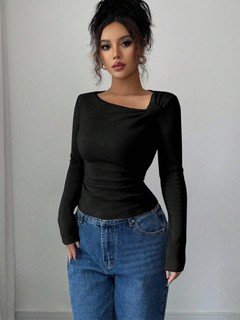 Front view of the black asymmetric draped-neck top, showing its silhouette and design details.
