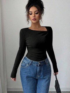 Styled front view of the black asymmetric draped-neck top, showing its silhouette and design details.