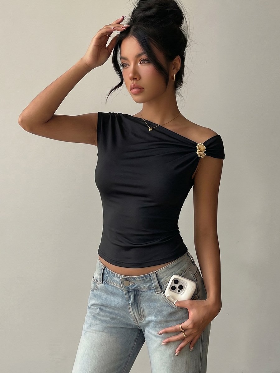 Black Hardware-Detail Off-Shoulder Top – Front View Front view of the black hardware-detail off-shoulder top, showing its silhouette and design details.