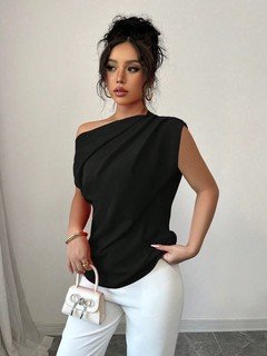 Full length front view of the black asymmetric one-shoulder draped sleeveless top, showing the silhouette and fit.