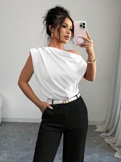 Back view of the white asymmetric one-shoulder draped sleeveless top, showing the silhouette and fit.