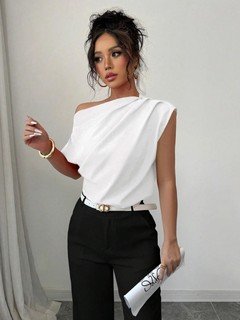 Full length front view of the white asymmetric one-shoulder draped sleeveless top, showing the silhouette and fit.