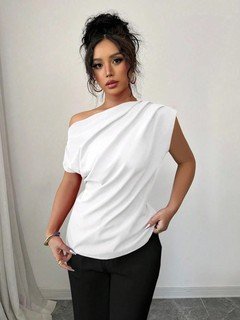 Styled front view of the white asymmetric one-shoulder draped sleeveless top, showing the silhouette and fit.