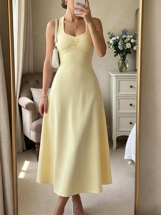 Mirror front view of the yellow backless cross-strap halter maxi dress, showing the silhouette and fit.