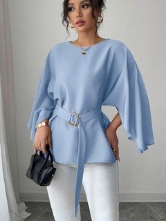 Front view of the light blue belted bell-sleeve blouse, showing its silhouette and design details.