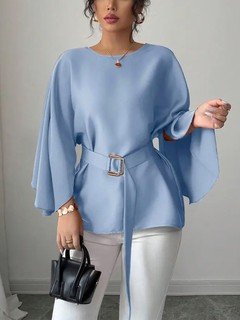 Full-length front view of the light blue belted bell-sleeve blouse, showing its silhouette and design details.