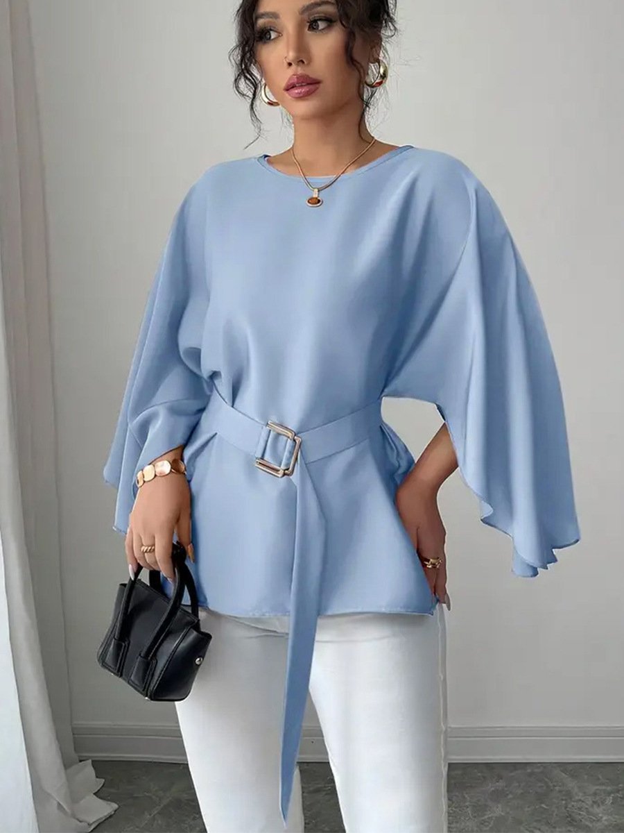 Light Blue Belted Bell-Sleeve Blouse – Front View Front view of the light blue belted bell-sleeve blouse, showing its silhouette and design details.