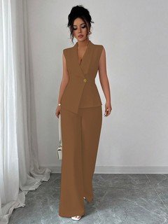 Front view of the camel shawl-collar vest and pants set, showing its silhouette and design details.
