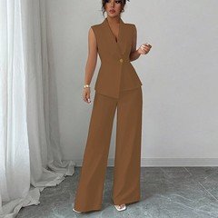Full-length front view of the camel shawl-collar vest and pants set, showing its silhouette and design details.