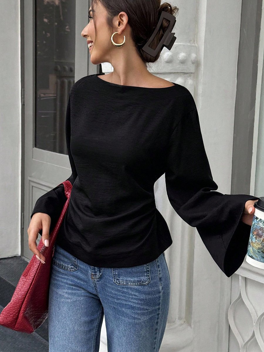 Black Boat-Neck Bell-Sleeve Blouse – Front View Front view of the black boat-neck bell-sleeve blouse, showing its silhouette and design details.