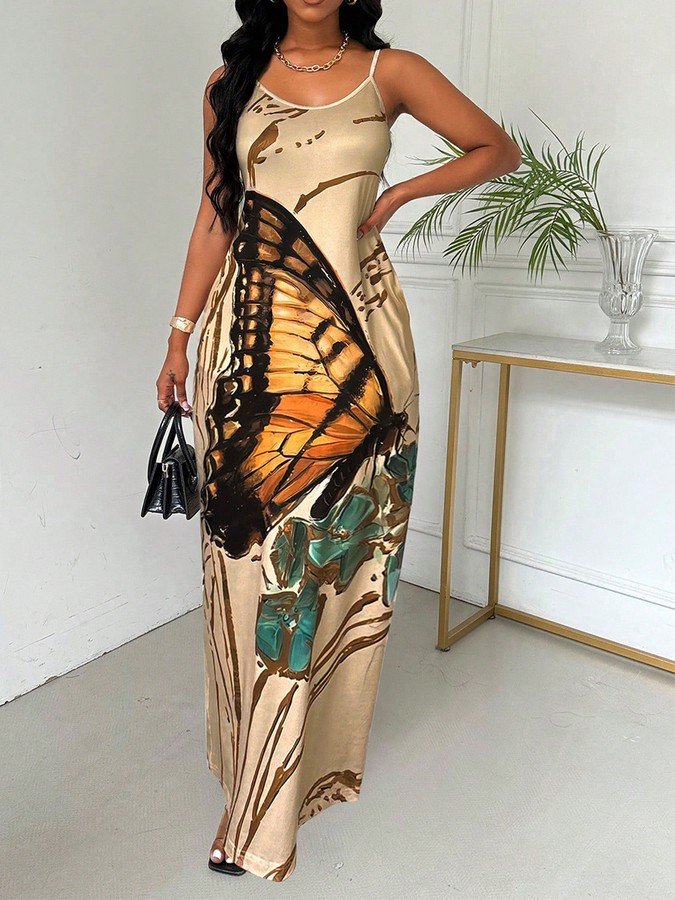 Front view of the beige butterfly print maxi slip dress, showing its silhouette and design details.