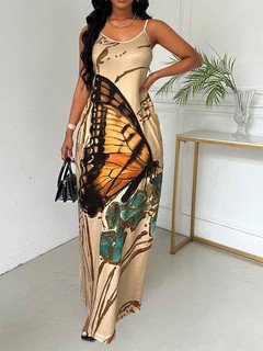 Front view of the beige butterfly print maxi slip dress, showing its silhouette and design details.