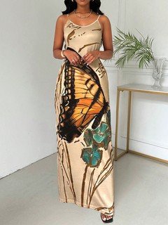 Full-length front view of the beige butterfly print maxi slip dress, showing its silhouette and design details.