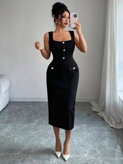 Dress only front view of the black button-front square-neck fitted pinafore midi dress, showing the silhouette and fit.