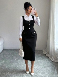 Full length front view of the black button-front square-neck fitted pinafore midi dress, showing the silhouette and fit.
