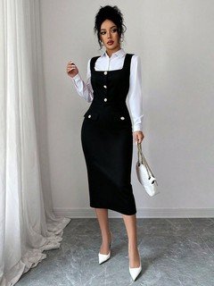 Styled front view of the black button-front square-neck fitted pinafore midi dress, showing the silhouette and fit.