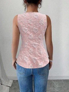 Full back view of the pink button-front v-neck tailored vest, showing its silhouette and design details.