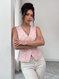 Full-length front view of the pink button-front v-neck tailored vest, showing its silhouette and design details.