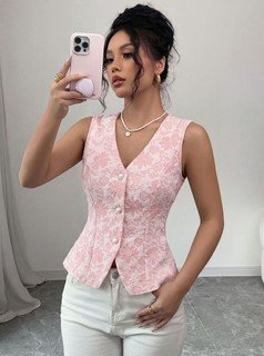 Front view of the white button-front v-neck tailored vest, showing its silhouette and design details.