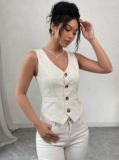 Full-length front view of the white button-front v-neck tailored vest, showing its silhouette and design details.