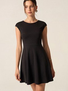 Styled front view of the black cap-sleeve fit-and-flare dress, showing its silhouette and design details.