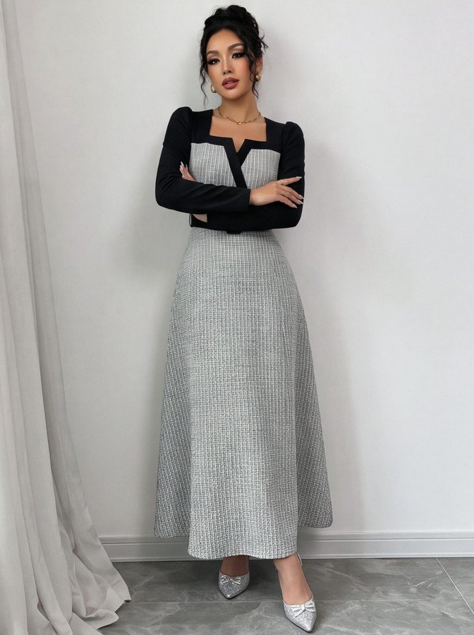 Angled front view of the gray contrast-panel square-neck long-sleeve maxi dress, showing the silhouette and fit.