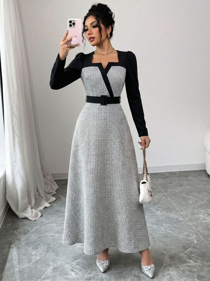 Front view of the gray contrast-panel square-neck long-sleeve maxi dress, showing the silhouette and fit.